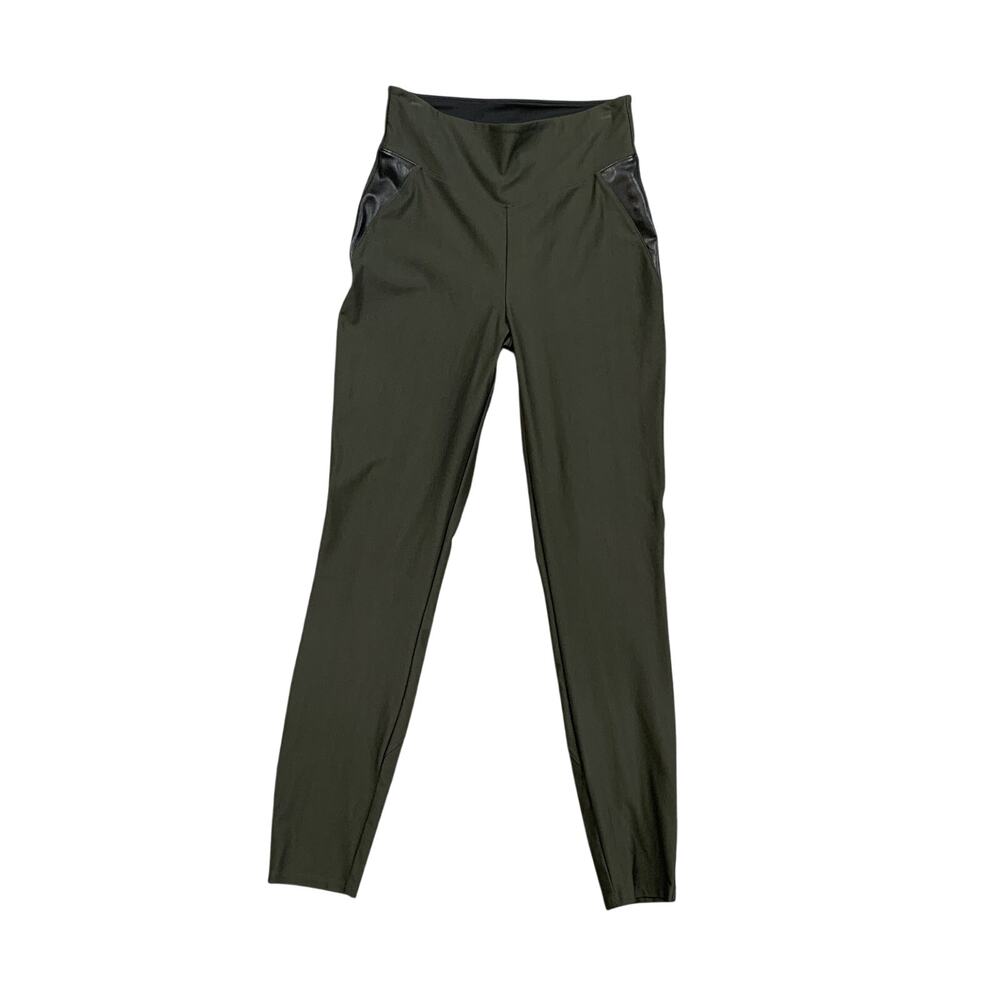 Spanx Leggings Womens M Medium Hunter Green Faux Leather Panels High Rise Ankle